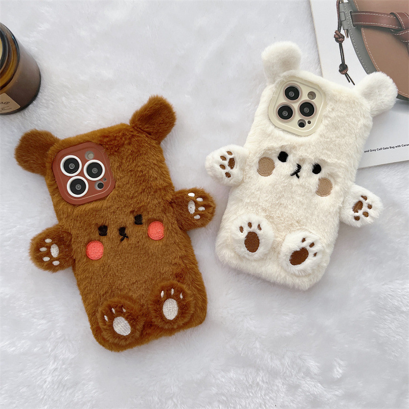 Phone Cases Iphone 16 - Korean 3D Cartoon Bear Fluffy Plush